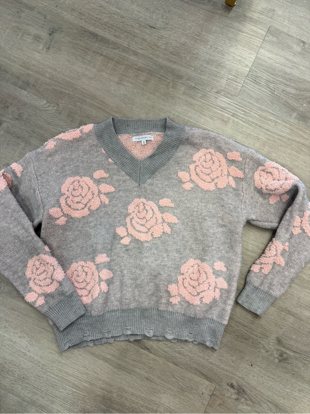 Miss Sparkling V-Neck Rose Sweater-Small